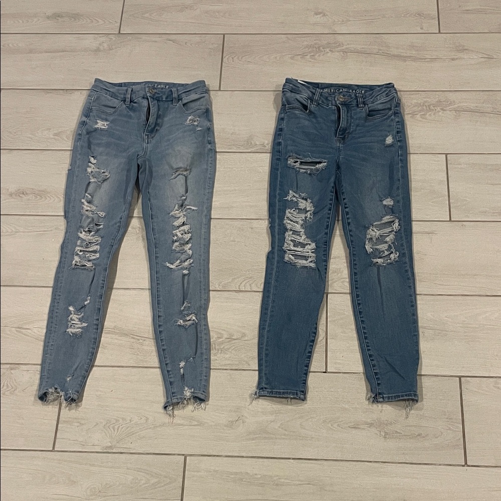 American Eagle Outfitters Light and Dark Blue Distressed Skinny Jeans